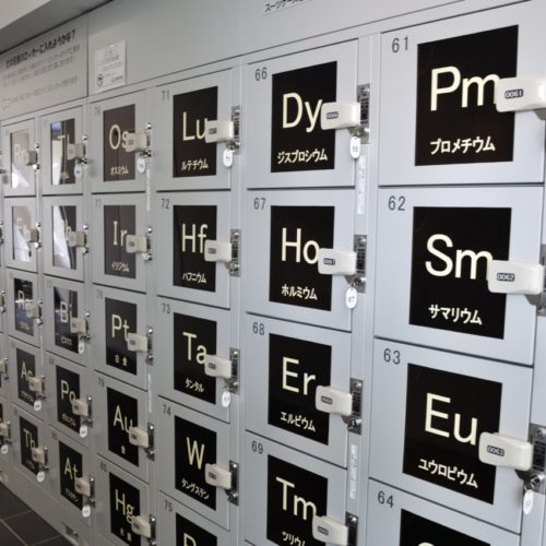 名古屋市科学館：元素記号と元素名が書かれたコインロッカー